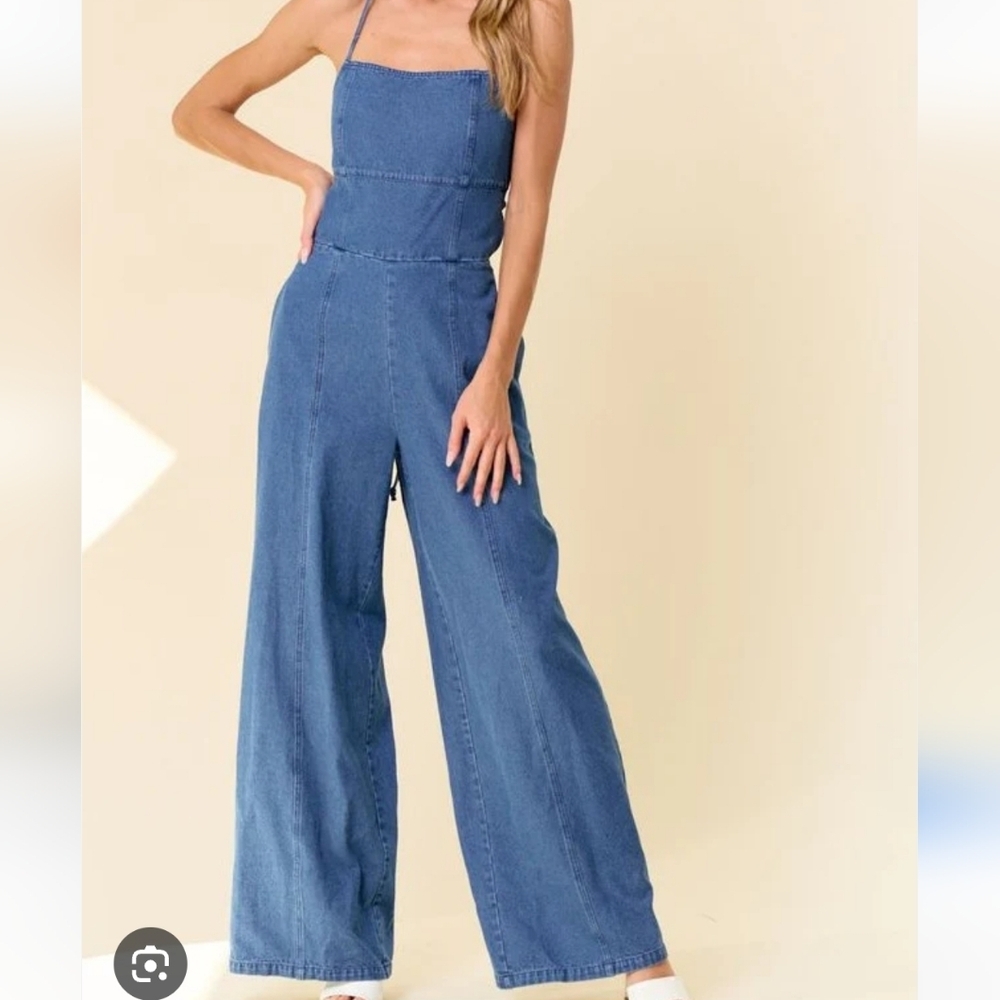 Jessica Simpson Blue Denim Wide-Leg Jumpsuit